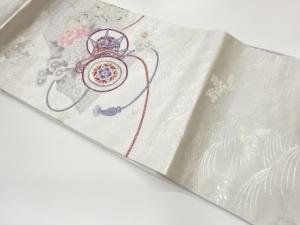 プラチナ箔鼓に花々模様織出し名古屋帯